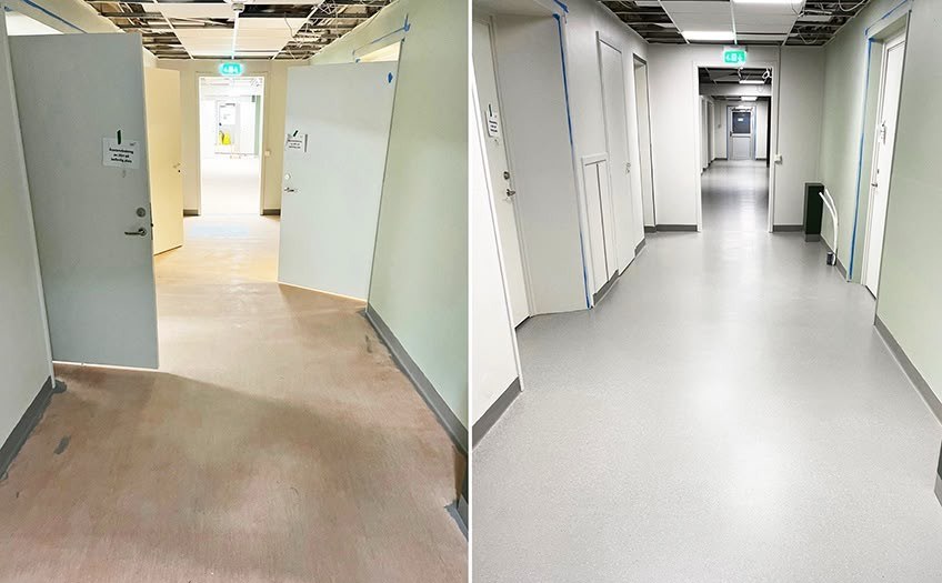 Före och efter — plastgolv i korridor