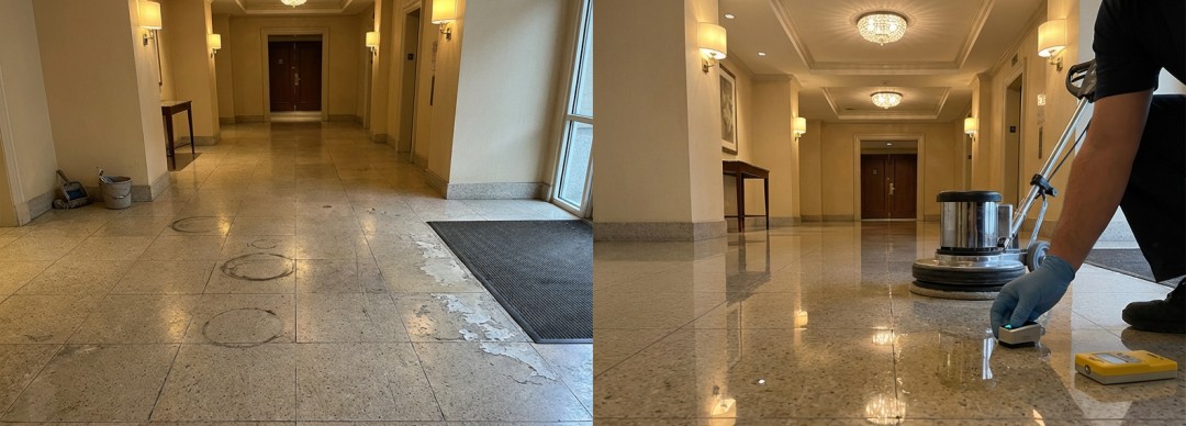 Före och efter — polerat stengolv i entré