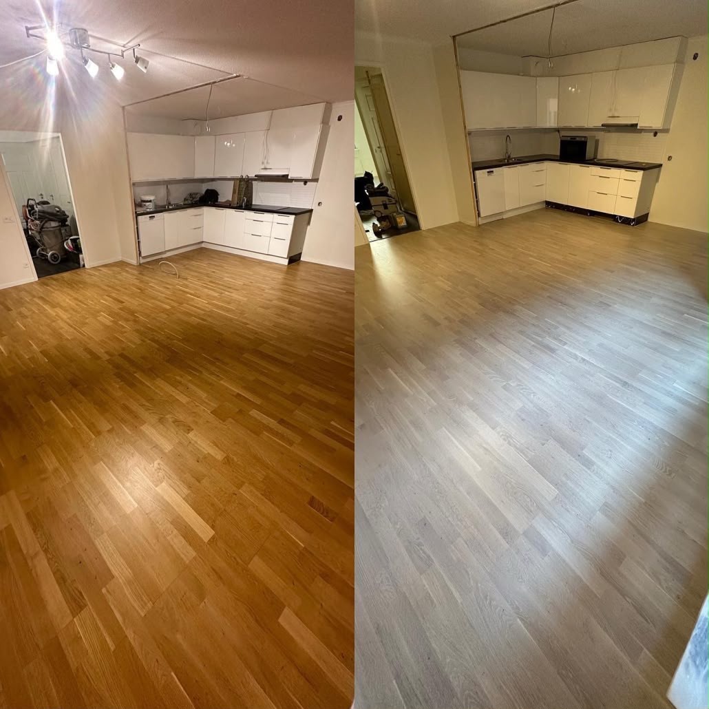 Före och efter — slipat trägolv i kök