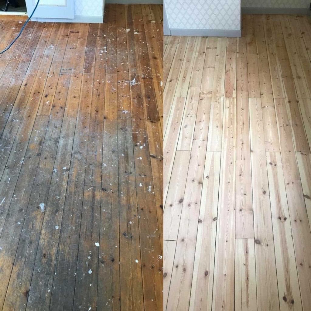 Före och efter — trägolv med färgstänk