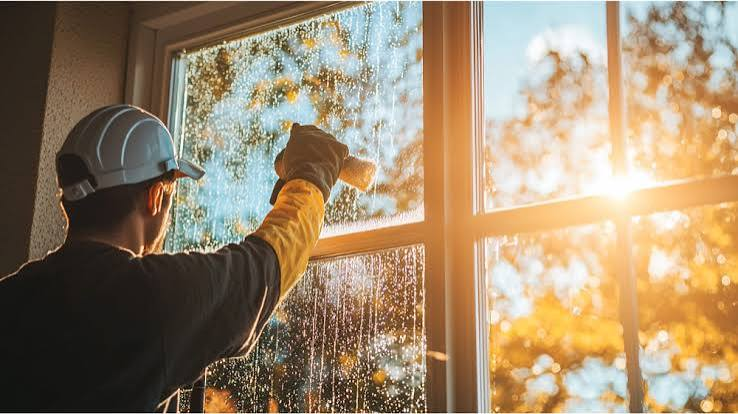 Fönsterputs med sol i bakgrunden